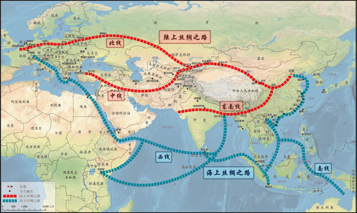 A kínai „Belt and Road Initiative” (一带一路, yīdài yīlù) tervezett tengeri és szárazföldi összeköttetései. (Forrás: Greening the Belt and Road)