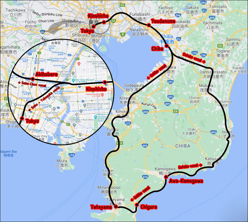 Tokyo és a Boso-félsziget vasúti összeköttetései (napjainkban is). A képre kattintva az nagyobb méretben is megtekinthető!