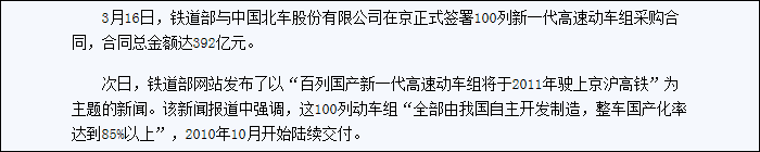 A Sina kínai hírportál 2009-es cikkének részlete arról, hogy hogyan tagadta le Kína a Siemens által kötött megállapodást és próbálták meg hazai vasúti fejlesztésként kommunikálni a Velaro alapú, hamarosan forgalomba kerülő új járműveket a kínai nép felé.