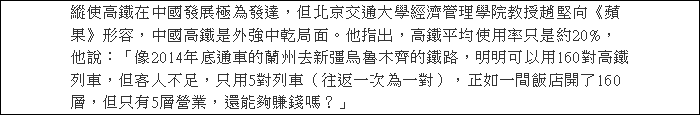 A kínai nagysebességű vasúti hálózat kihasználtságáról Zhao Jian (赵坚) a Pekingi Közlekedéstudományi Egyetem professzora nyilatkozott az Apple Daily egy 2017. augusztusi cikkében.