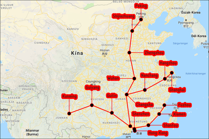 A Hongkongból közvetlenül elérhető nagyobb városok térképe a nagysebességű vasút 2018. szeptember 23-i átadásának pillanatában.