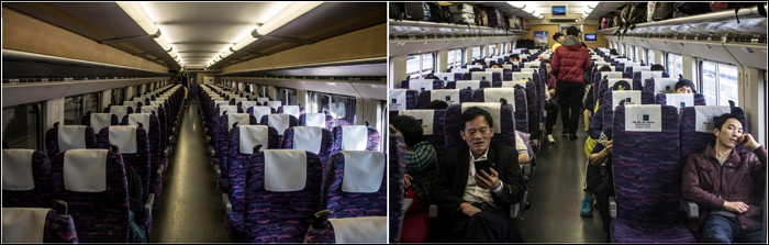 A JR East E2-es sorozatú shinkansen (bal) és a China Railways CRH2 (jobb) sorozatú nagysebességű EMU-k utastereinek kialakítása.