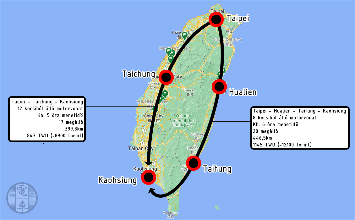 Menetidők és viteldíjak összehasonlítása Taipei és Kaohsiung között Tajvan nyugati, illetve keleti partján.