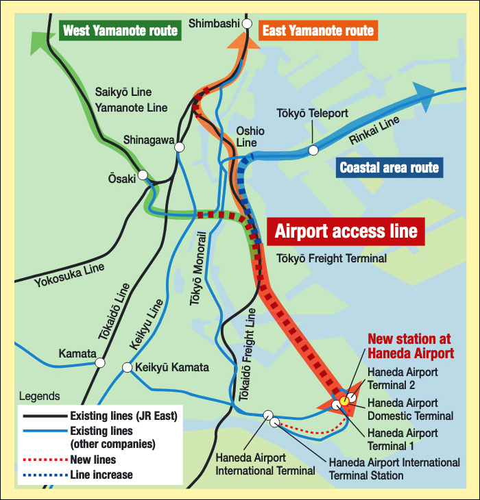 A Haneda repteret kiszolgáló jelenlegi és tervezett vasútvonalak. A térképen vörössel a Keikyu és a Toei Metro által biztosított járatok útvonalát, kékkel a Tokyo Monorailt, sárgával pedig a JR East által tervezett vonalakat láthatjuk. (A képre kattintva az nagyobb méretben is elérhető!)