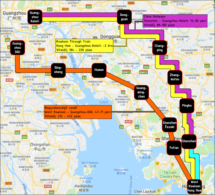 A Gyöngy-folyó deltájában uralkodó vasúti viszonyok, kiegészülve a hongkongi nagysebességű vasúttal. A térképen sárgával jelölt „Kowloon Through Train” csak Changping (常平, chángpíng) állomáson áll meg, míg a lilával jelölt Shenzhen – Guangzhou-Keleti „shuttle” járatok gyakran valamennyi további megállót is érintik, bár e két járattípus ugyanazt a nyomvonalat követi. (A képre kattintva az kicsivel nagyobb méretben is megtekinthető!)