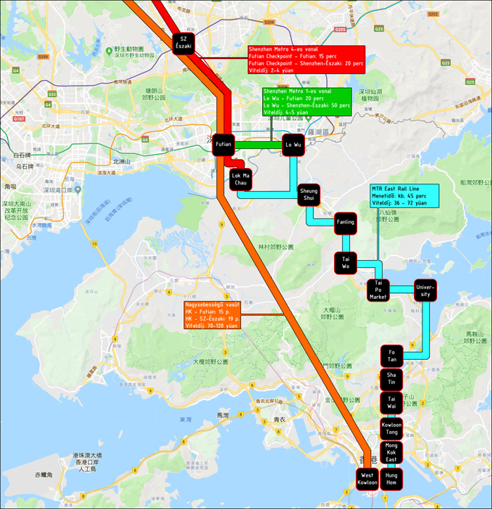 Eljutási lehetőségek Kowloon és Shenzhen között a hongkongi nagysebességű vasút megnyitását követően. A képen jelölt Lo Wu és Lok Ma Chau a hongkongi oldalon találhatóak, az ezekhez tartozó, kínai oldalon lévő ellenőrzőpontok és egyben metrómegállók Luo Hu és Futian Checkpoint néven futnak. Futian pályaudvar sem az 1-es, sem a 4-es metróval nem érhető el közvetlenül, így a menetidők a pályaudvarhoz legközelebb eső metrómegállótól történő séta idejét tartalmazzák (mely minden esetben rövidebb, mint a Futian pályaudvart közvetlenül érintő metróvonalra történő átszállás). A képre kattintva az nagyobb méretben is megtekinthető!