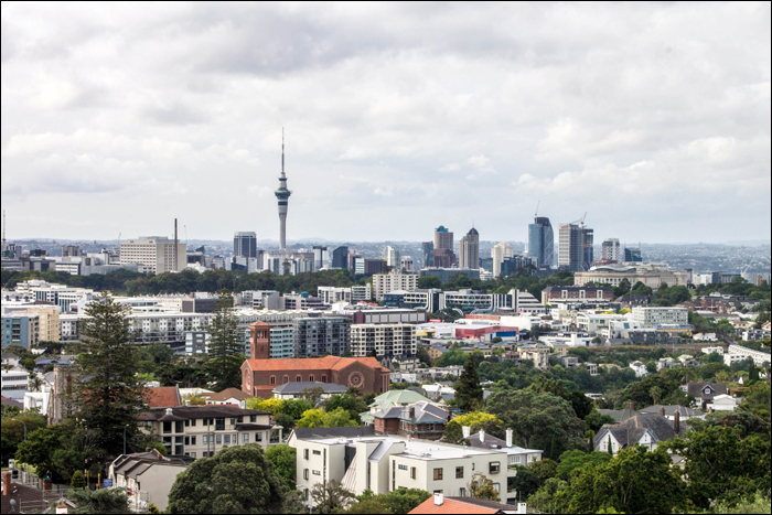 Az aucklandi üzleti negyed (CBD, Central Business District) látképe.