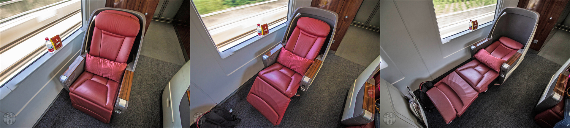 A China Railways CRH380 sorozatú vonatokon található „business class” ülések különböző állásai.