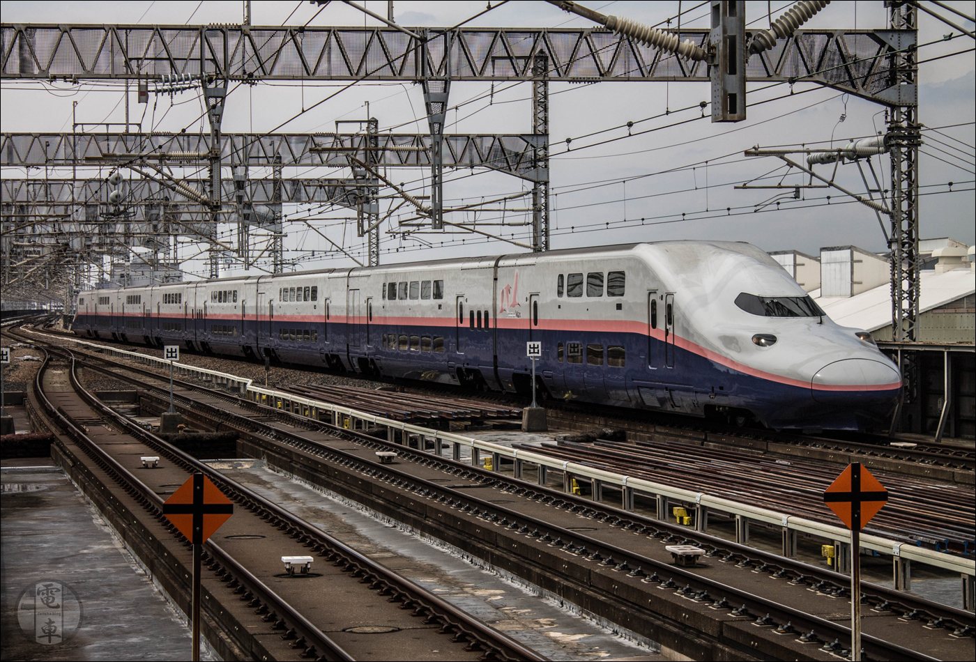 Az említett, toki színvilágú E4-es sorozatú motorvonatok egyike érkezik Omiya állomására 2015-ben.