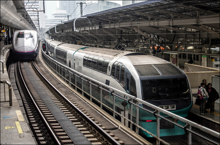 Egy E2-es sorozatú shinkansen és egy 251-es sorozatú „Super View Odoriko” szerelvénye a tokyoi pályaudvar 10-es és 20-as vágányain.