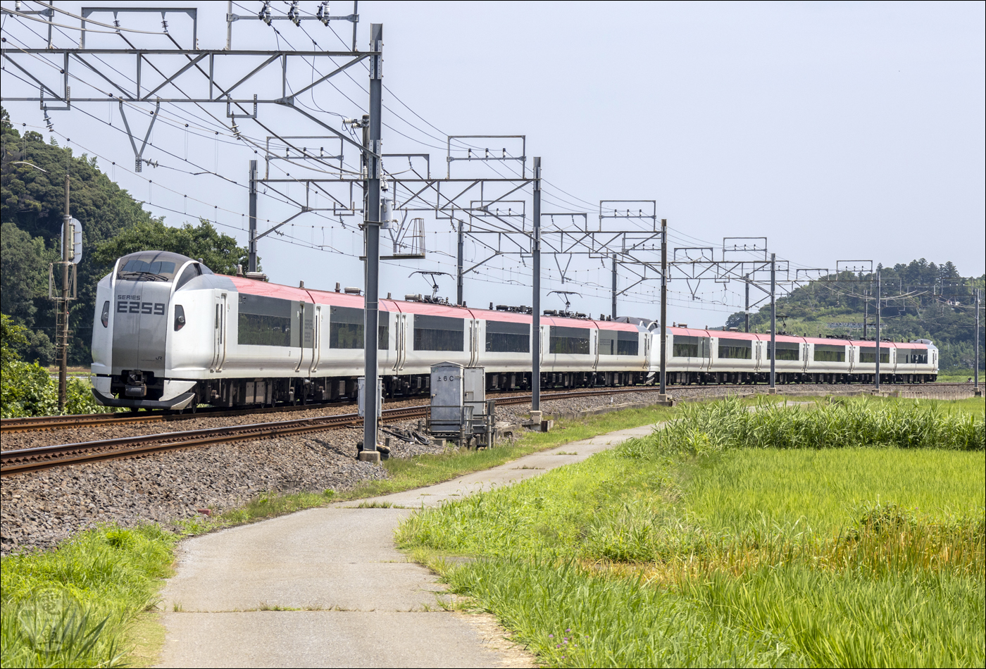 A Narita nemzetközi repülőtér felé haladó „Narita Express” halad Monoi állomás közelében.