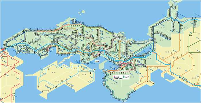 A JR West által fenntartott vonalak térképe. A teljes méret PDF-ben a JR Odekake oldaláról tölthető le.