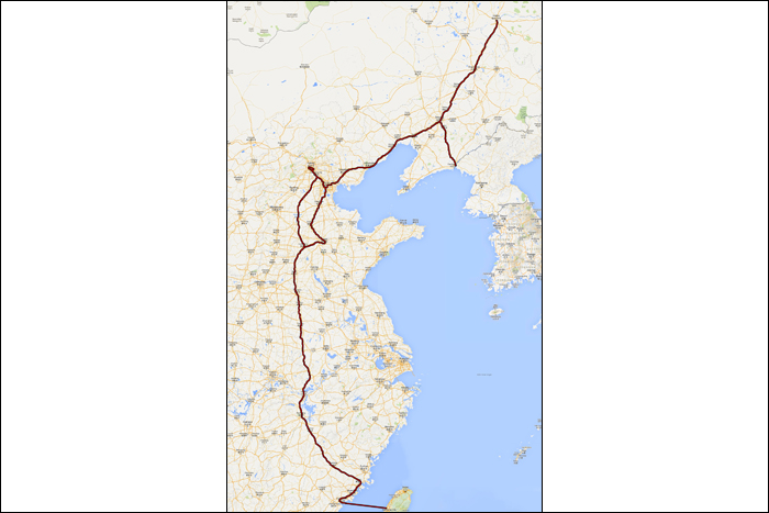 A Kínában megtett vonatos túra útvonaltérképe. (A képre kattintva az nagyobb méretben is megtekinthető!)