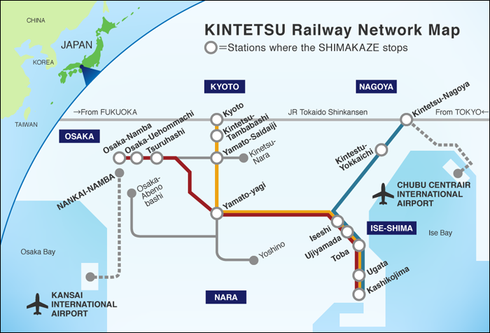 A Kintetsu vasúttársaság vonaltérképe. (Forrás és nagyobb kép: Kintetsu)