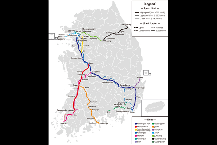 A KTX jelenlegi kiterjedése, ahol a vastag a nagysebességű, a vékonyabb vonalak pedig a hagyományos, vagy legfeljebb 250km/h-ra fejlesztett, ámde KTX járatok által is használt vonalakat jelölik. (A képre kattintva az nagyobb méretben is megtekinthető! Forrás: Wikipedia)