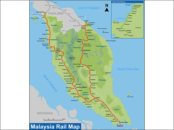 Malajzia vasúti térképe, beleértve a Borneó szigetén található Sabah State Railway vonalaival kiegészítve. A képre kattintva az nagyobb méretben is megtekinthető. (Forrás: Pinterest)