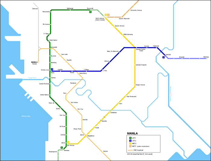 A Manila Metro Area Manilán kívül további városokat, pl. Quezon City-t, Makatit stb. is tartalmazza, így e 3-4 kötöttpályás tömegközlekedési vonal gyakorlatilag egy szuperváros lakossága alatt roskadozik. (A képre kattintva az nagyobb méretben is megtekinthető! | Forrás: Mapa Metro)