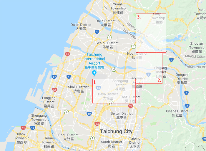 Az írásban taglalt területek elhelyezkedése Taichung környékén.
