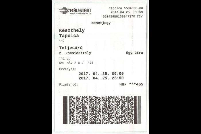往凱斯特海伊（Keszthely）到陶波爾曹去的成人（Teljesárú）二等（2. kocsiosztály）單程票（Egy útra）。
