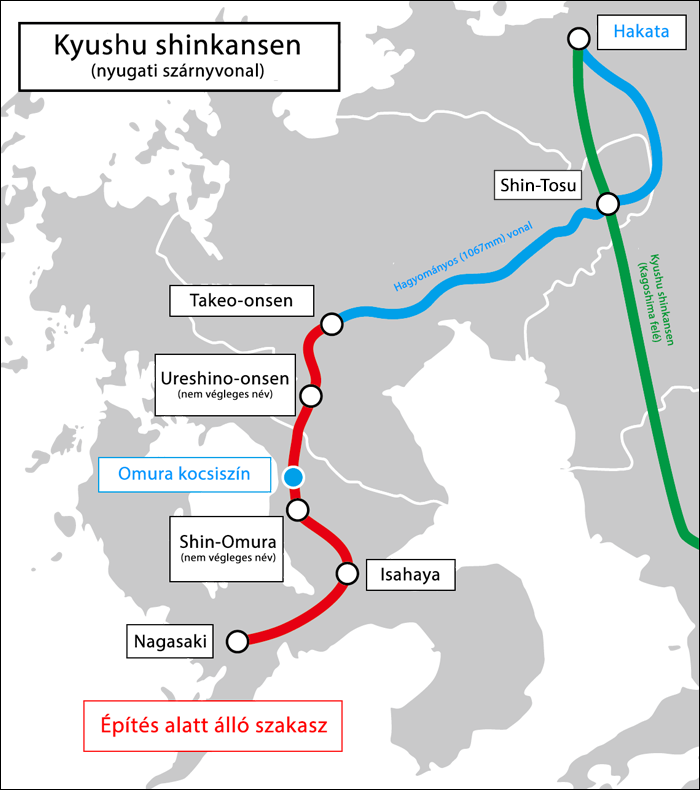 A Kyushu shinkansen nagasaki ágának első, 66km hosszú szakasza Takeo-onsen és Nagasaki között várhatóan 2022-ben fogadhatja első utasait.