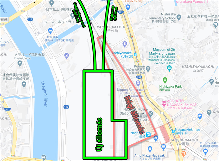 A régi és az új Nagasaki állomás elhelyezkedése, valamint az új vasútvonalak nyomvonalai.
