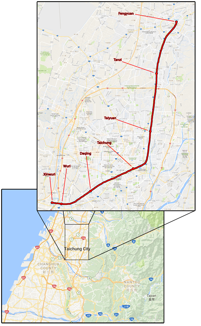 A TRA és a majdani Taichung MRT piros vonalának nyomvonala Fengyuan és Wuri állomások közt. (A képre kattintva az nagyobb méretben is megtekinthető!)