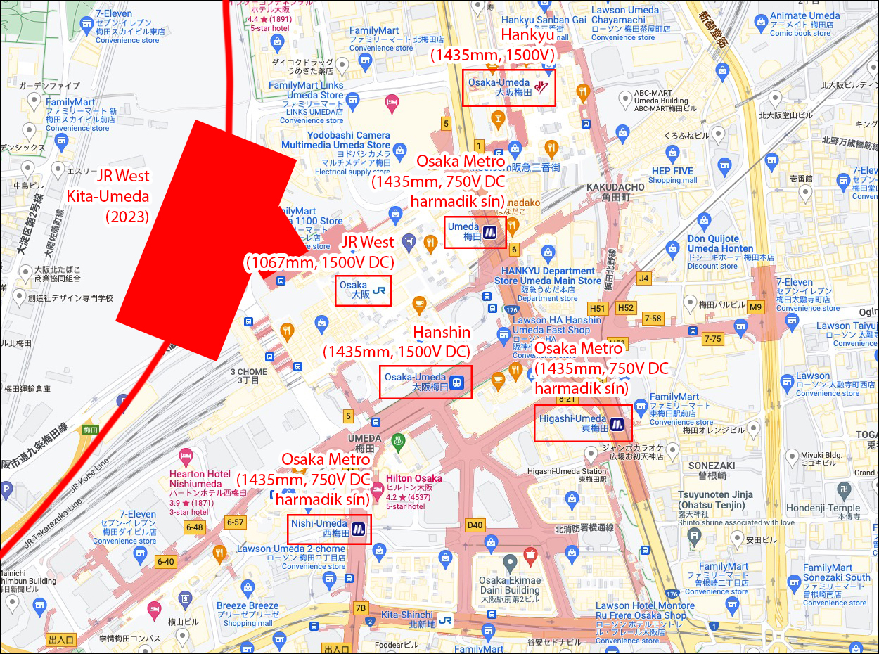 A JR West Osaka állomása körüli néhány százméteres körzetben jelenleg összesen 5, 2023-tól pedig már 6 különféle Umeda megállót vagy állomást találunk. Ezek közül értelemszerűen a legrégebbi a JR West Osaka állomása, melyet a Hanshin (1906) és a Hankyu (1910) követ. A kakukktojást a Tokyo Metro Nishi-Umeda állomása jelenti, mely egyben a Yotsubashi vonal végállomása is. A Yotsubashi vonal első szakaszát a második világháború idején, 1942-ben adták át 1435mm-es nyomtávval és 750V egyenfeszültségű, harmadik sínes villamosítással, így az sem űrszelvény, sem áramrendszer tekintetében nem kompatibilis egyik közelben lévő vasúttársaság vonalával.