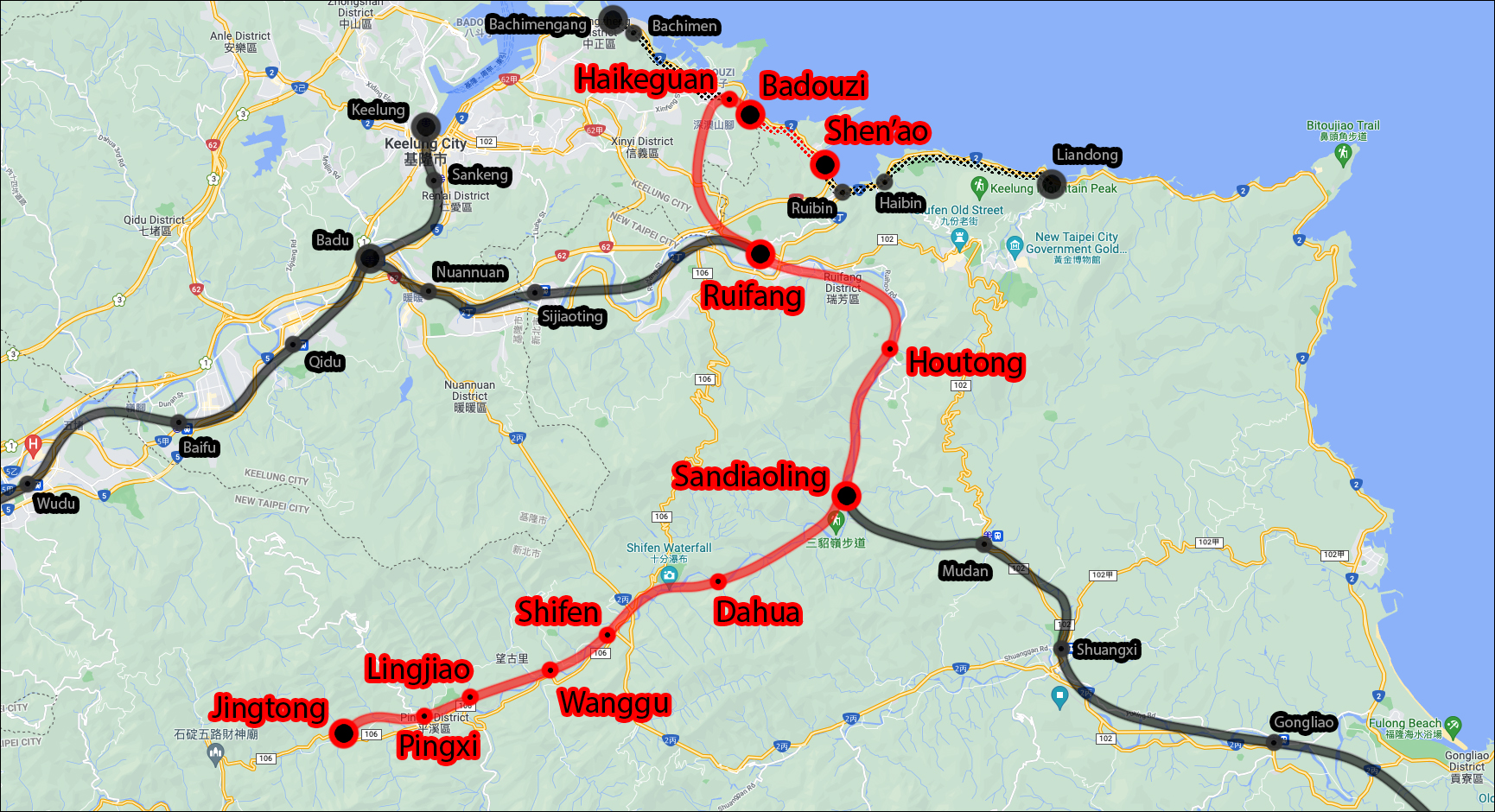 A Pingxi, a Shen'ao és az 1989-ig üzemelő Jinguashi vonal vonaltérképe. A Shen'ao vonal a vörössel jelölt nyomvonal Ruifang - Shen'ao szakaszát képezi,noha a Badouzi – Shen’ao szakaszon már megszűnt a vasúti forgalom. A Pingxi vonal valamivel délebbre, Sandiaoling és Jingtong között húzódik. A napjainkban Jingtong és Shen’ao között közlekedő dízel motorvonatok így Sandiaoling és Ruifang között a villamosított fővonalat is használják.