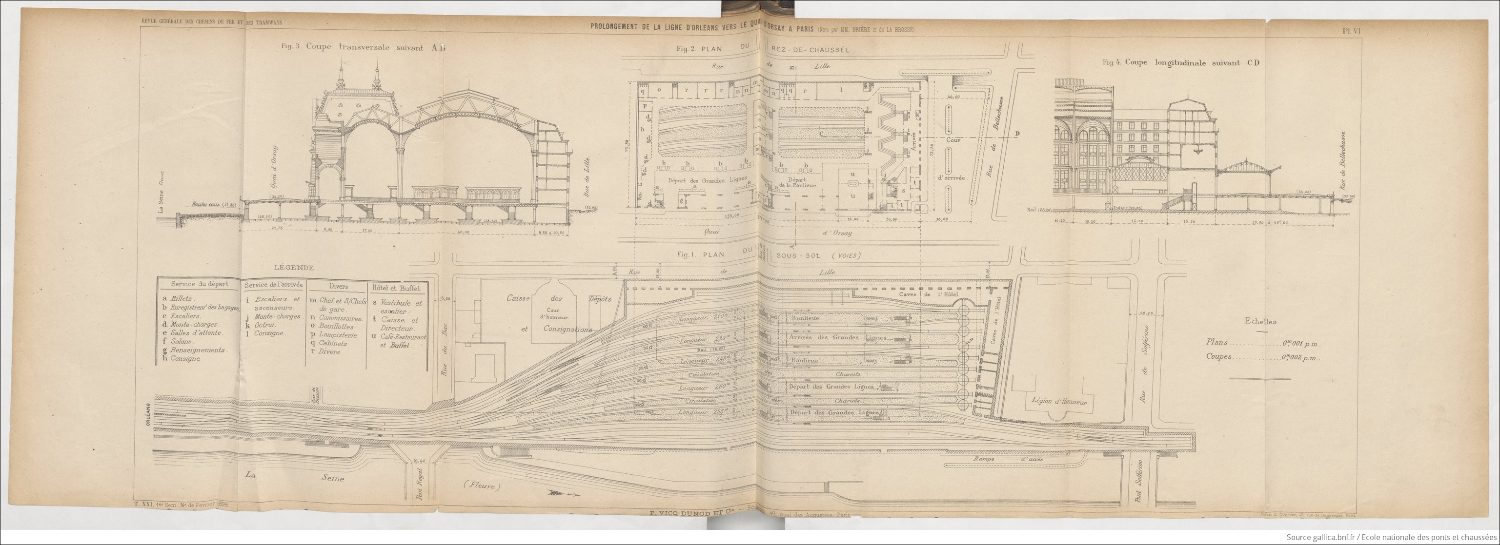 Az egykori Orsay pályaudvar vágányrajza. Az alsó ábrán kiválóan megfigyelhetjük a kis fordítókorongokat és az állomáson túlnyúló, a jövőbeli összeköttetéshez szükséges vágányokat. (Forrás: Revue générale des chemins de fer et des tramways, 1(1), 517 p., 1898. | A képre kattintva az nagyobb méretben is megtekinthető!)
