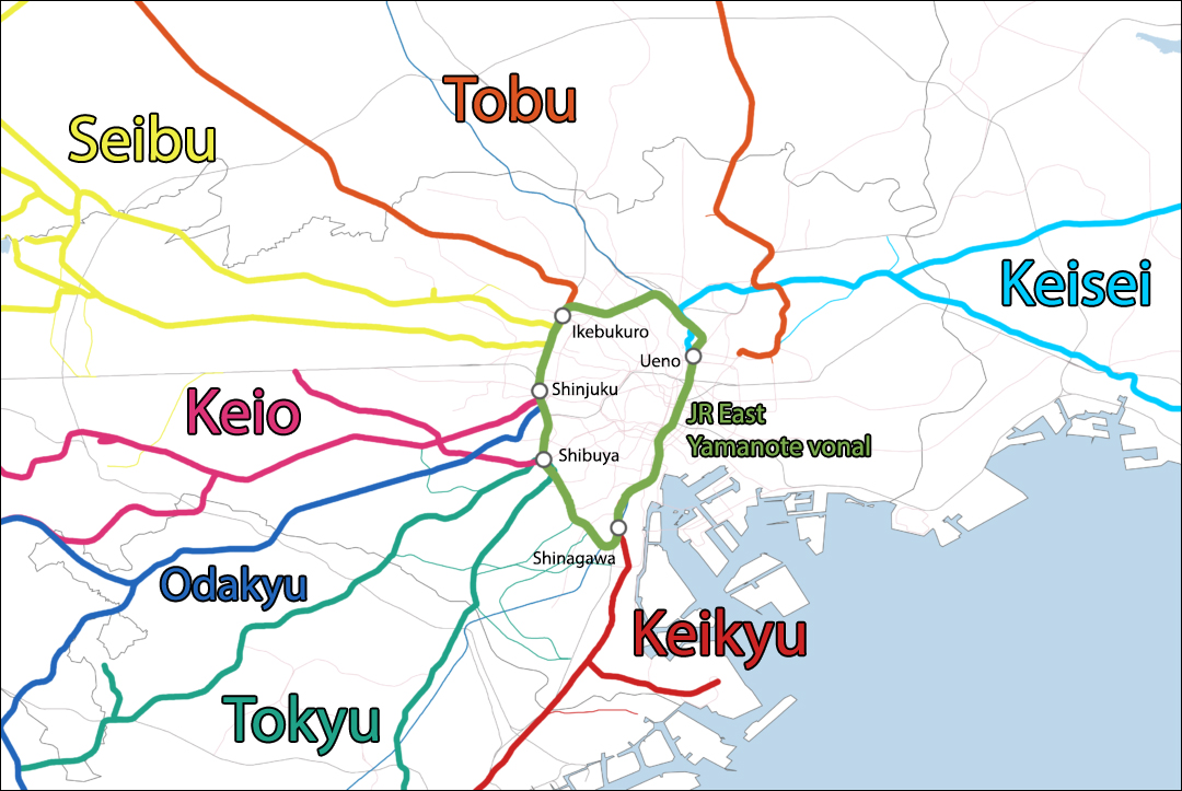 Tokió nagyobb vasúttársaságainak vonalai és a JR East üzemeltetésű Yamanote vonal térképe. (Forrás: 18kipper)