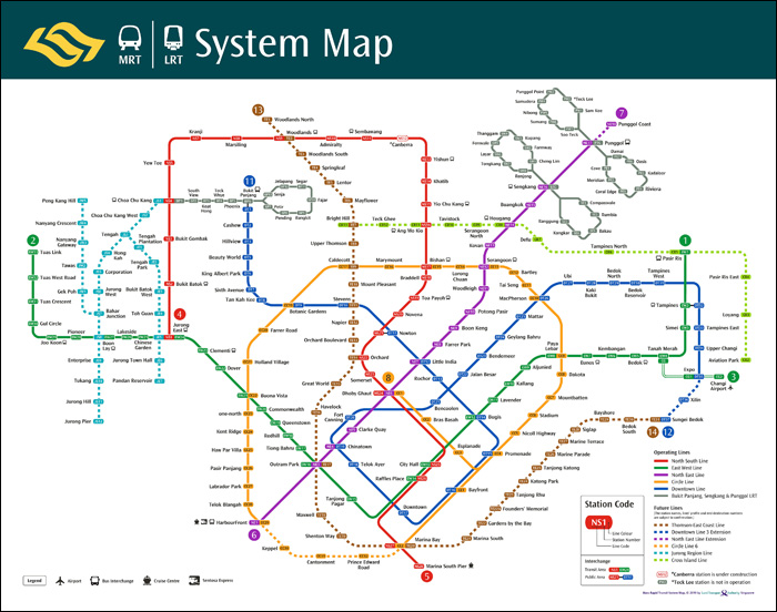 A szingapúri metró 2019 márciusi kiterjedése, beleértve az éppen építés alatt álló vonalakkal. (A képre kattintva az nagyobb méretben is megtekinthető!)