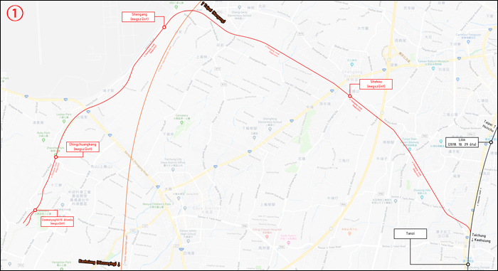 Az egykori Shengang vonal nyomvonala és főbb megállói, míg a bal sarokban a ma is üzemelő, civil és katonai feladatokat ellátó Taichung Ching-Chuan-Kang nemzetközi repülőtér. (A képre kattintva az természetesen nagyobb méretben is megtekinthető!)