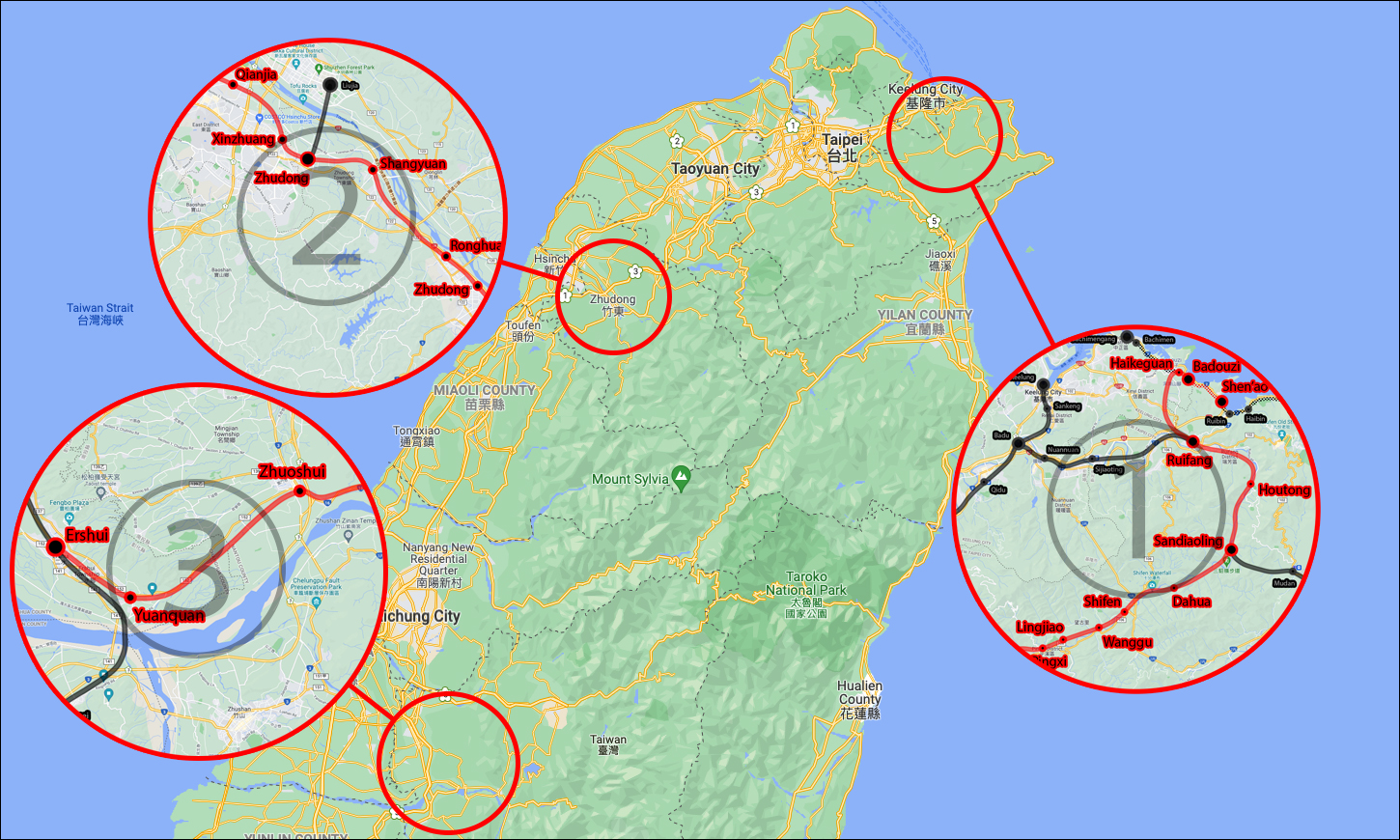 Az írásban bemutatásra kerülő mellékvonalak földrajzi elhelyezkedése Tajvanon belül. (A képre kattintva az nagyobb méretben is megtekinthető!)