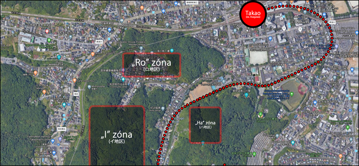 Takao állomás környéke és az Asagawa-óvóhely zónái, melyek között természetesen az átjárás is biztosított volt. A szaggatott vonal a Nakajima üzeméhez tartozó iparvágány lett volna. Ennek alépítményének maradványai egyébként azóta is megtalálhatóak a környéken, noha az iparvágány maga sosem készült el. (A képre kattintva az nagyobb méretben is megtekinthető!)