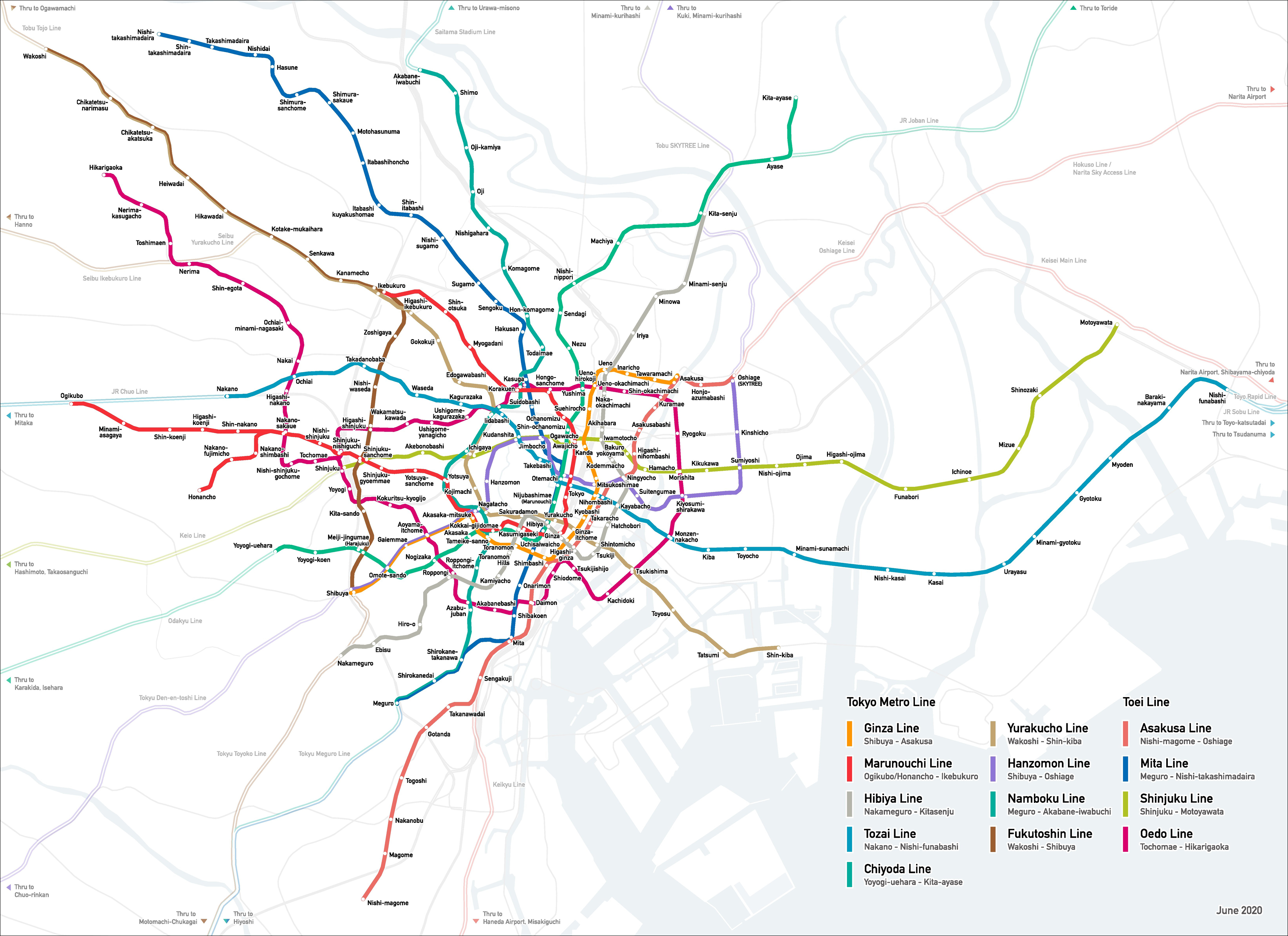 A Tokyo Metro és a Toei Subway hálózata és az egyéb vasúttársaságok csatlakozó vonalai. (Forrás: WIkimedia)