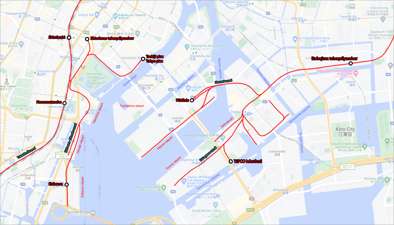 A tokiói kikötő vasúthálózata az 1960-as években. A hálózat ettől az évtizedtől kezdve már nem sokat bővült, a Shibaura és Hinode rakpartnál létesült néhány száz méternyi új mellékvonal, de itt már inkább a visszafejlődés volt a jellemző.