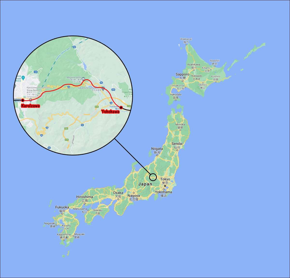 A Shin'etsu vonal Usui-hágóban futó szakaszának hozzávetőleges nyomvonala.