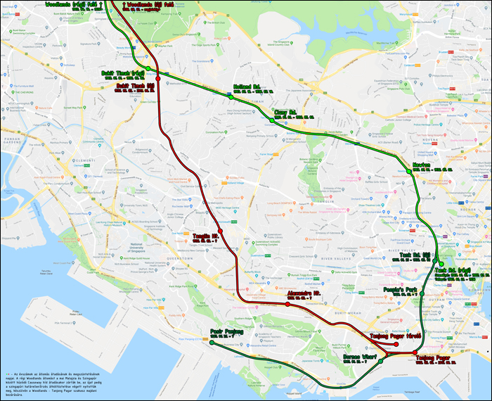 Szingapúr főbb nagyvasúti vonalai 1903 és 2011 között. Az elsőnek megépült régi Bukit Timah - Tank Rd. közötti szakaszt 1936-ban szedték fel, ekkor már üzemelt a pirossal jelölt új vonal is, a Tank Rd. – Pasir Panjang szakasz megszűnésének éve viszont ismeretlen. A térképről néhány, a későbbi évek során épült, azóta szintén megszűnt iparvágány is hiányzik. (A képre kattintva az nagyobb méretben is megtekinthető!)