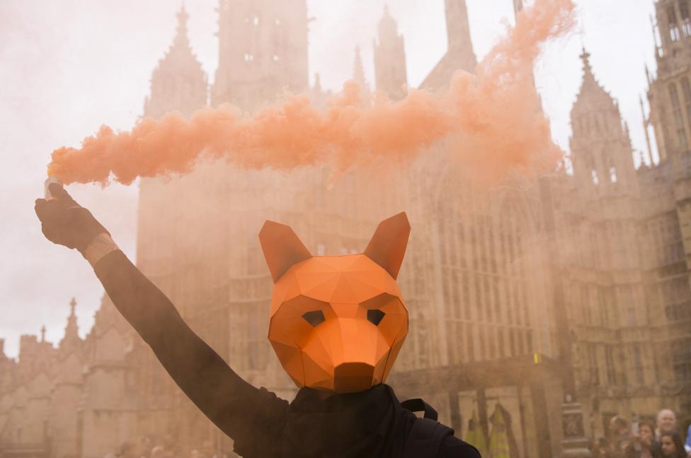 Maszkot viselő tüntető tart a kezében egy füstgránátot a Londonban tartott rókavadászat elleni megmozdulás során. (f.: Reuters)