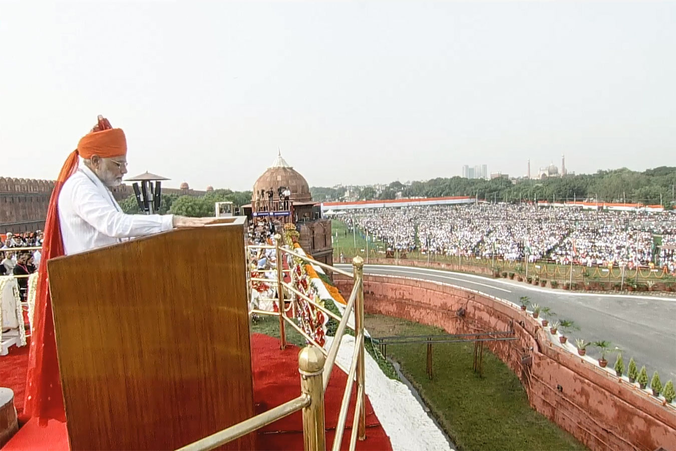Narendra Damodardas Modi indiai miniszterelnök hagyományos függetlenség napi beszéde Delhiben, a Vörös Erőd sáncáról, 2018.08.15-én<br /><br />Fotó: Doordarshan