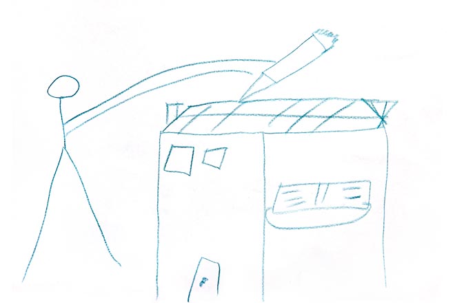 Az izraeli kisgyerek, aki ezt a rajzot készítette, úgy érezte, hogy egy hatalmas férfi saját kezűleg dobta a házukra a rakétát.