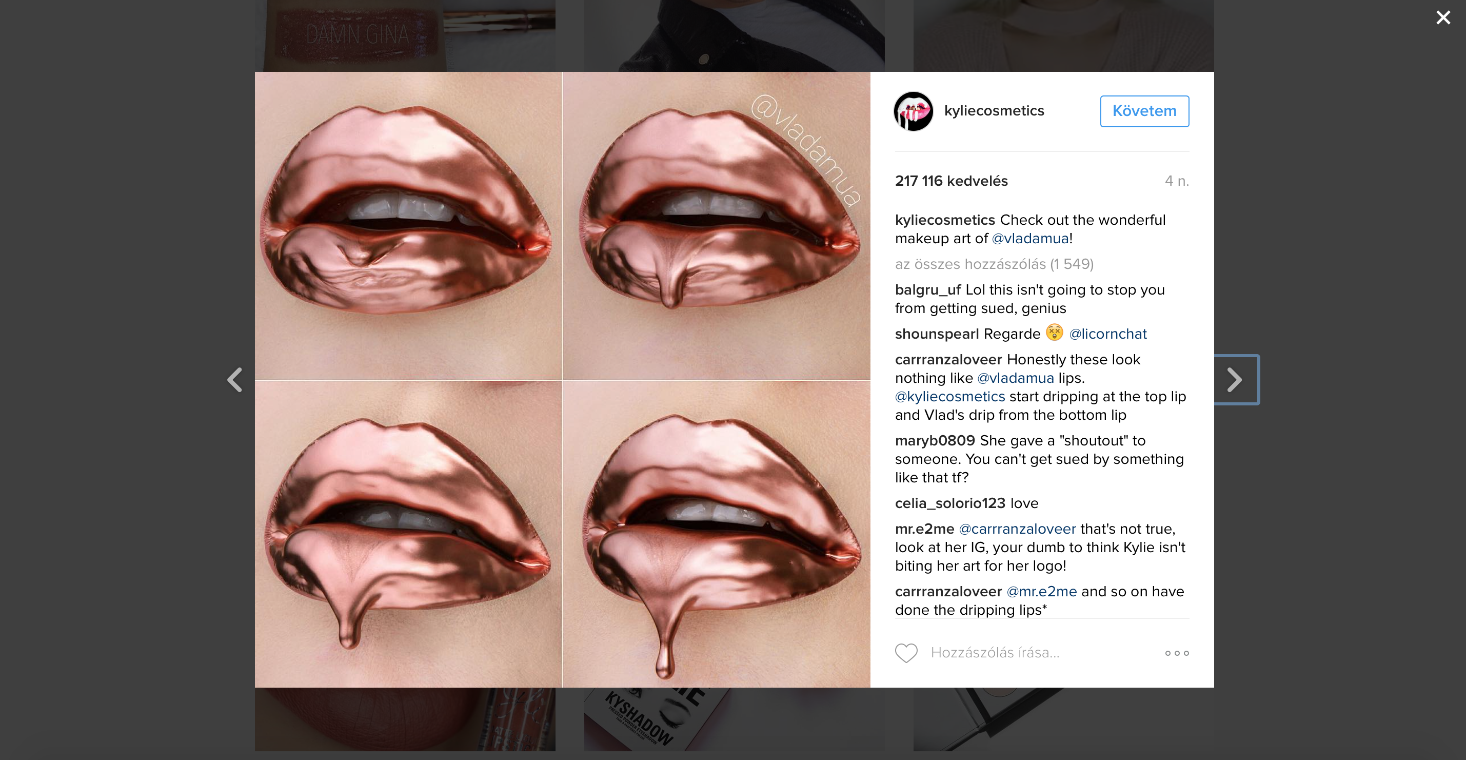 Kylie Cosmetics és Kylie Jenner személyes Instagram profiljának első IG fotója, amin megjelölték Vlada Haggerty-t és tisztelegnek a munkássága előtt (IG: @vladamua), forrás: Kylie Cosmetics Instagram @kyliecosmetics