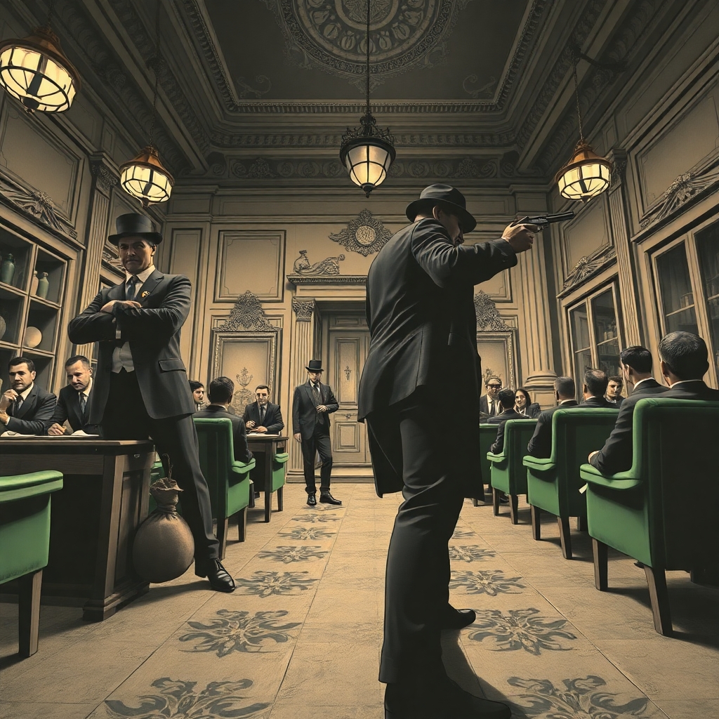 low_angle_perspective_warm_slightly_dark_soft_professional_photography_a_black_and_white_vintage_illustration_of_a_dramatic_early_20th-century_hungarian_bank_robbery_two_robbers_in_period_attire_one_with_a.jpg