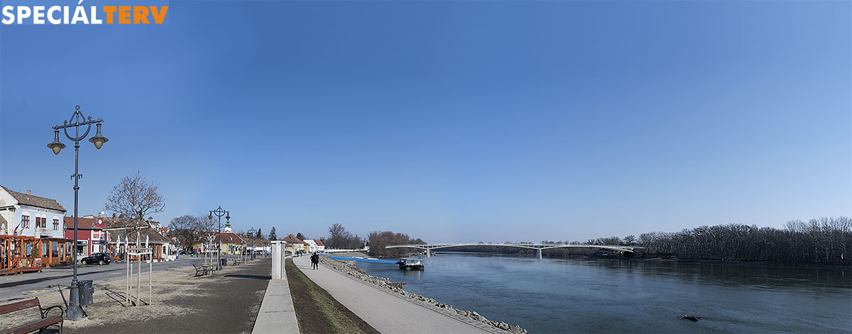 Az EuroVelo 6 nemzetközi kerékpárút részeként tervezett gyalogos és kerékpáros híd Szentendre belvárosánál, a Pásztor révnél, ill. a Rév utcánál a Speciálterv Építőmérnöki Kft. látványtervén.<br /><br />Fotó: Speciálterv / szentendre.hu