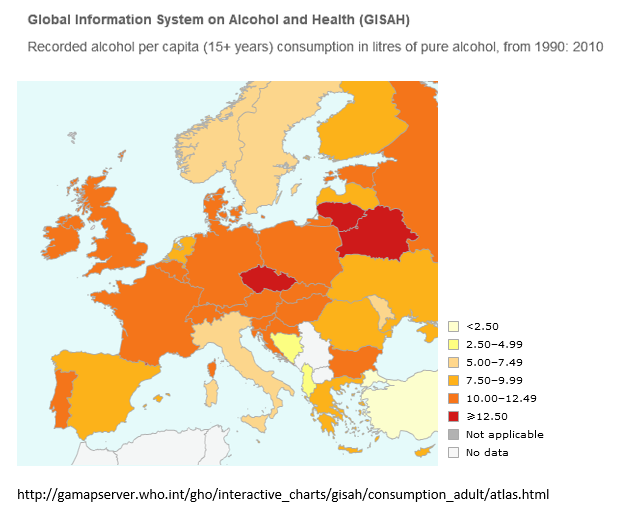 A hivatalosan rögzített alkoholfogyasztás változása az európai országokban 1990 és 2010 között a 15 évnél idősebb lakosság körében (tiszta alkoholra vetítve)<br />Forrás: GISAH (Global Information System on Alcohol and Health)