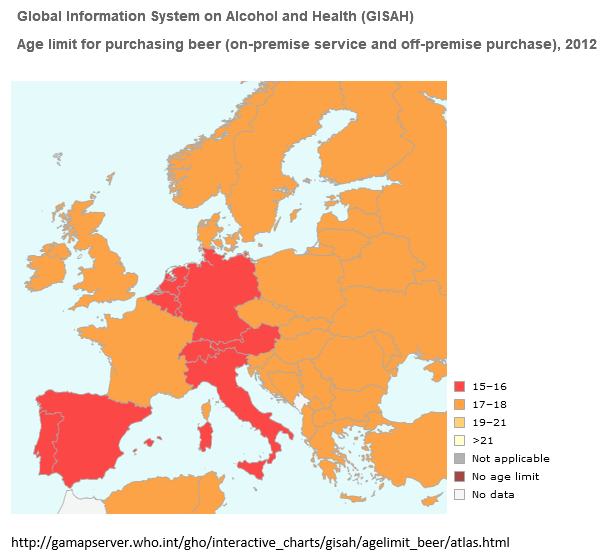 A nyilvános helyen történő sörvásárlás alsó korhatára az európai országokban<br />Forrás: GISAH (Global Information System on Alcohol and Health)