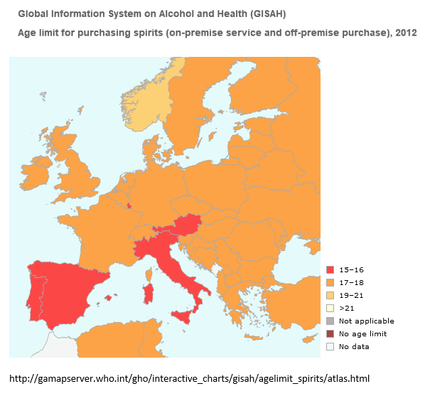 A nyilvános helyen történő rövidital vásárlásának alsó korhatára az európai országokban<br />Forrás: GISAH (Global Information System on Alcohol and Health)