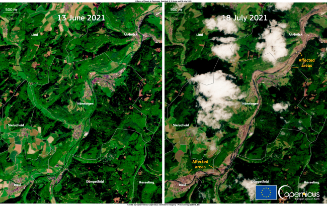 A történelmi árvizek által érintett területek Ahrweiler körzetben (Németország)<br /><br />A Copernicus Sentinel-2 műholdak egyikének 2021. június 13-án és július 18-án készített felvételein a Rajna-vidék-Pfalz Ahrweiler körzetét sújtó árvizeket követően károsodott területek láthatók.<br />A katasztrofális viharok több észak-európai országot is érintettek, Németországban és Belgiumban több száz halálos áldozattal és eltűnt emberrel. Németország nyugati részét a II. világháború óta az egyik legsúlyosabb időjárási katasztrófa sújtotta.<br />A Copernicus Sentinel műholdak által szolgáltatott adatok lehetővé teszik az árvíz kiterjedésének pontos meghatározását, a kárfelmérést.<br /><br />https://www.copernicus.eu/en/media/image-day-gallery/areas-affected-historical-floods-ahrweiler-district-germany 