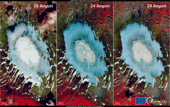 A jégsapka tömeges olvadása Izlandon<br /><br />A Copernicus Sentinel-2 műholdak által augusztus 16-án, 24-én és 28-án készített három felvétel az izlandi jégtakaró tömeges olvadását mutatja.<br />A képeken a Þrándarjökull gleccser látható, amely néhány kilométerre található Hallormsstaðurtól, attól a várostól, ahol augusztus 24-én 29,4°C-os rekordhőmérsékletet regisztráltak.<br />A hőhullám előtt, alatt és után készült műholdfelvételek a jégtakaró tetején lévő részleges hótakarótól (aug.16-án) a régebbi jégrétegek teljes feltárulásáig (aug.28-án) terjedő időszakot mutatják. A Liège-i Egyetem klímalaboratóriuma szerint az izlandi jégtakarónak ez az olvadása volt a legsúlyosabbaz utóbbi években.<br /><br />https://www.copernicus.eu/en/media/image-day-gallery/massive-melting-ice-cap-iceland