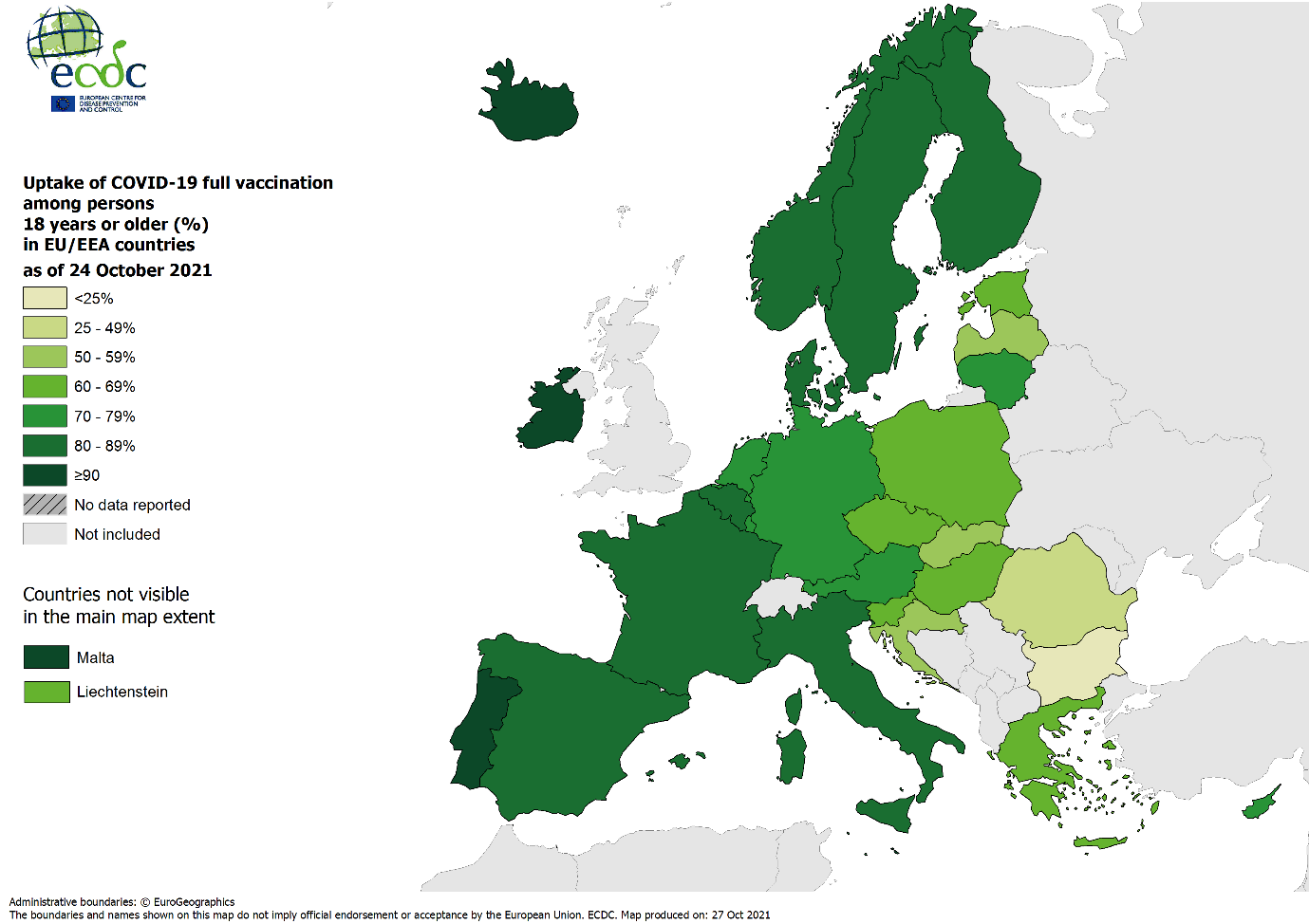A tagállamok felnőtt lakosságának teljes átoltottsága; forrás: ECDC, Vaccine tracker 